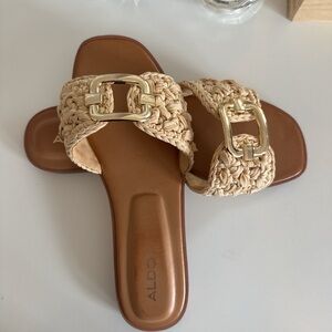 ALDO Tan Braided Slide Sandals with Gold Buckles
